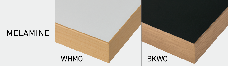 WHMOは机上面が白、木口が明るい木目の天板。
BKWOは机上面が黒、木口が濃い木目の天板。